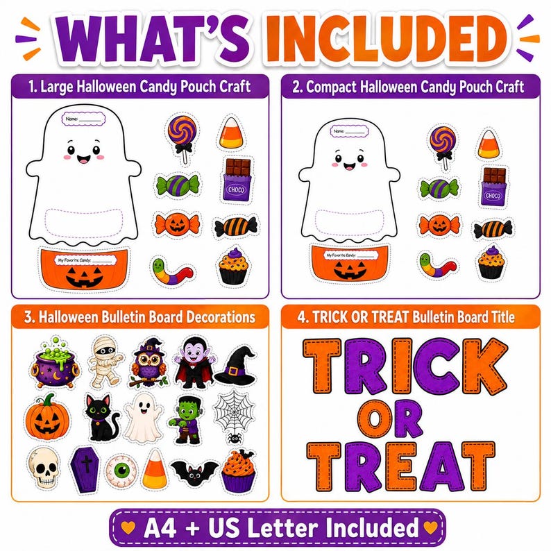 Halloween Bulletin Board Craft | Trick or Treat Ghost Candy Pouch | Printable Halloween Classroom Activity