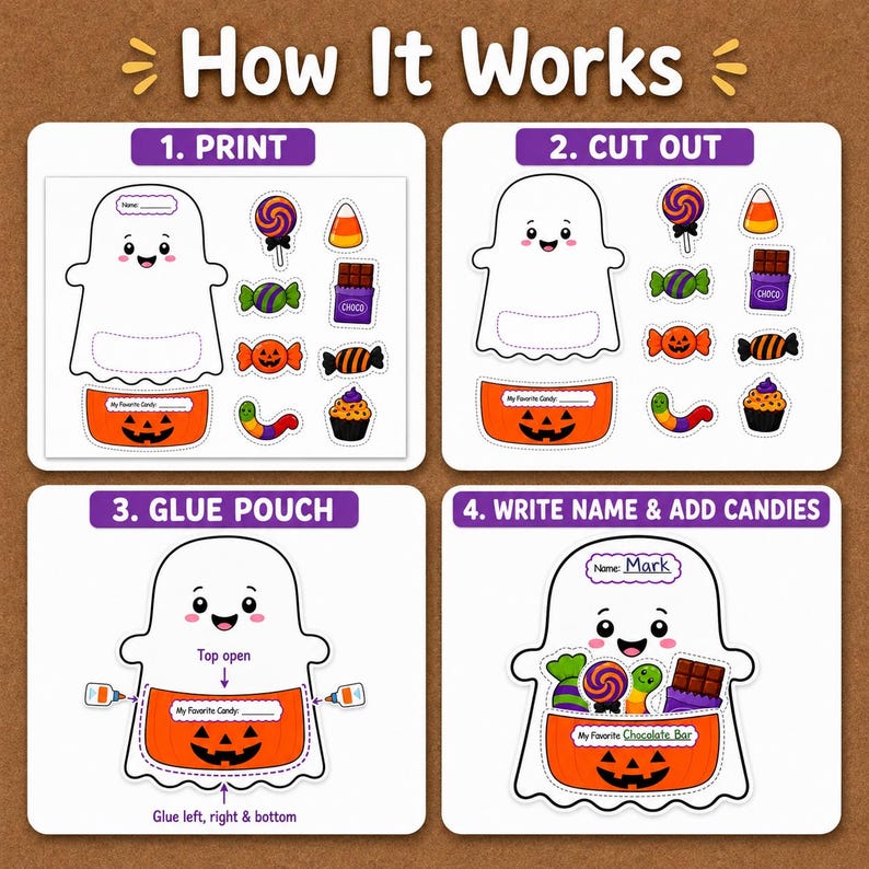 Halloween Bulletin Board Craft | Trick or Treat Ghost Candy Pouch | Printable Halloween Classroom Activity