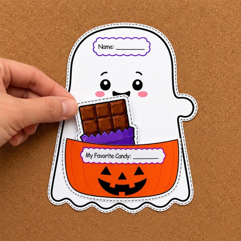 Halloween Bulletin Board Craft | Trick or Treat Ghost Candy Pouch | Printable Halloween Classroom Activity