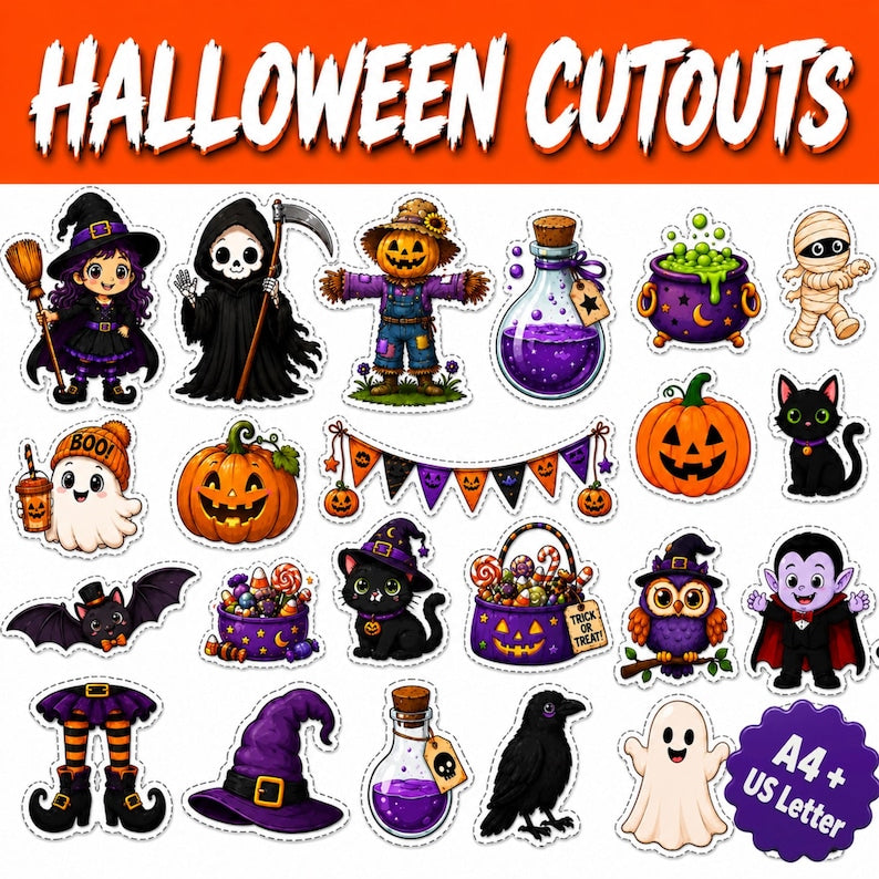 Halloween Cutouts Printable | Halloween Classroom Decor, Bulletin Board Ideas, Halloween Party Decorations, Treat Bag Crafts, Card Making