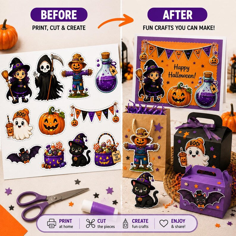 Halloween Cutouts Printable | Halloween Classroom Decor, Bulletin Board Ideas, Halloween Party Decorations, Treat Bag Crafts, Card Making