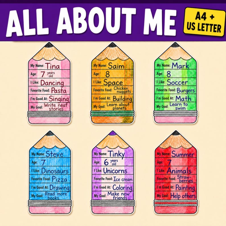 All About Me Pencil Craft Printable | Back to School Activity | First Day of School Worksheet | Classroom Bulletin Board Ideas