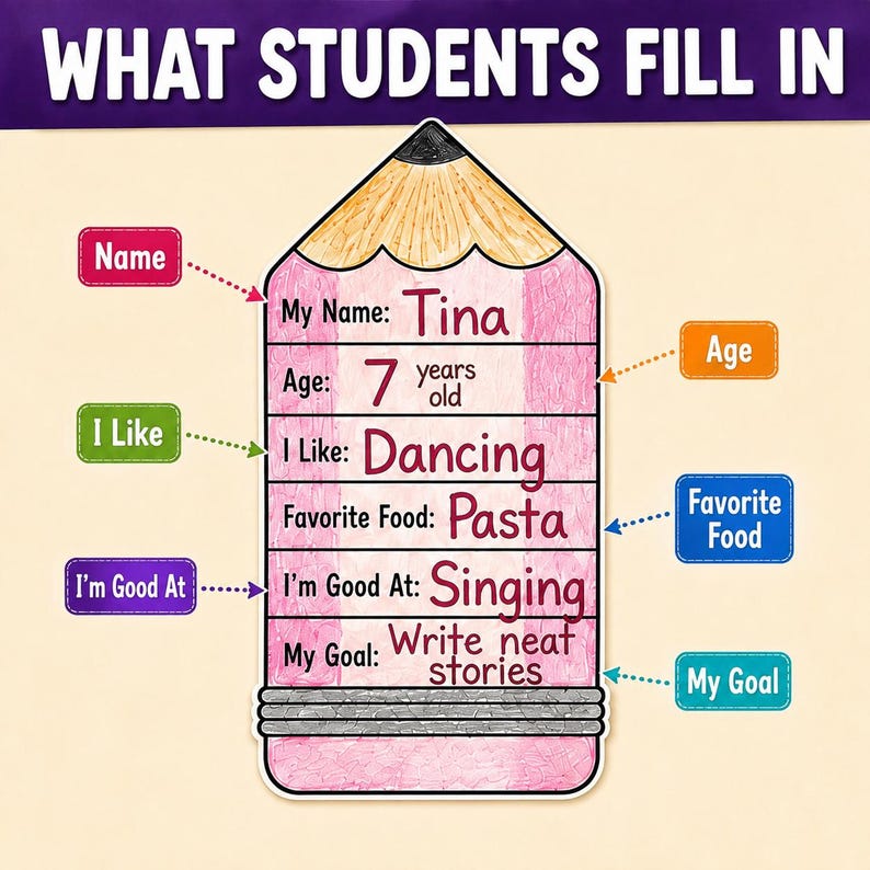 All About Me Pencil Craft Printable | Back to School Activity | First Day of School Worksheet | Classroom Bulletin Board Ideas