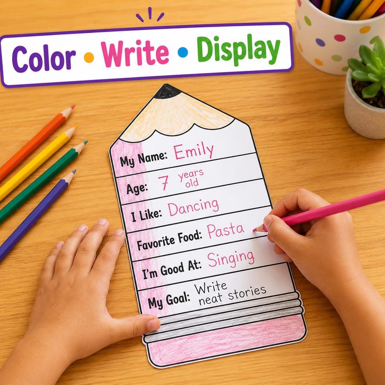 All About Me Pencil Craft Printable | Back to School Activity | First Day of School Worksheet | Classroom Bulletin Board Ideas