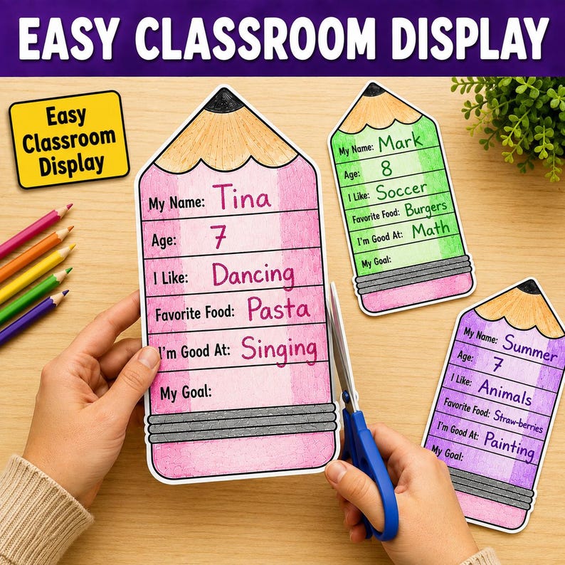 All About Me Pencil Craft Printable | Back to School Activity | First Day of School Worksheet | Classroom Bulletin Board Ideas
