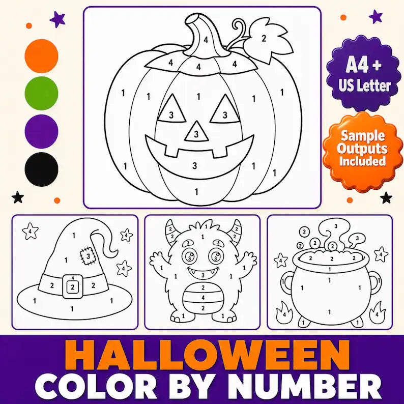 Halloween Color by Number Printable for Kids, 4 Spooky Coloring Pages, Halloween Party Activity, Color by Code Worksheets, Pumpkin Coloring