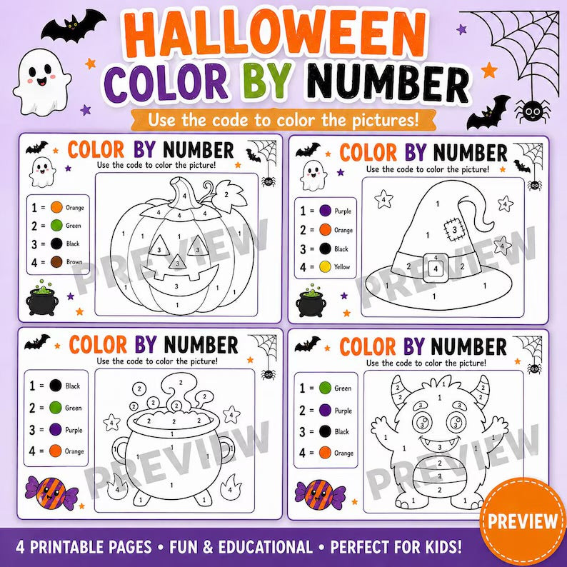 Halloween Color by Number Printable for Kids, 4 Spooky Coloring Pages, Halloween Party Activity, Color by Code Worksheets, Pumpkin Coloring