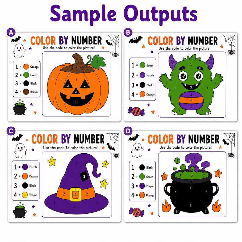 Halloween Color by Number Printable for Kids, 4 Spooky Coloring Pages, Halloween Party Activity, Color by Code Worksheets, Pumpkin Coloring