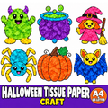 Halloween Tissue Paper Craft for Kids, 6 Printable Halloween Templates, Preschool Fine Motor Activity, Pumpkin Witch Bat Spider Monster Craft