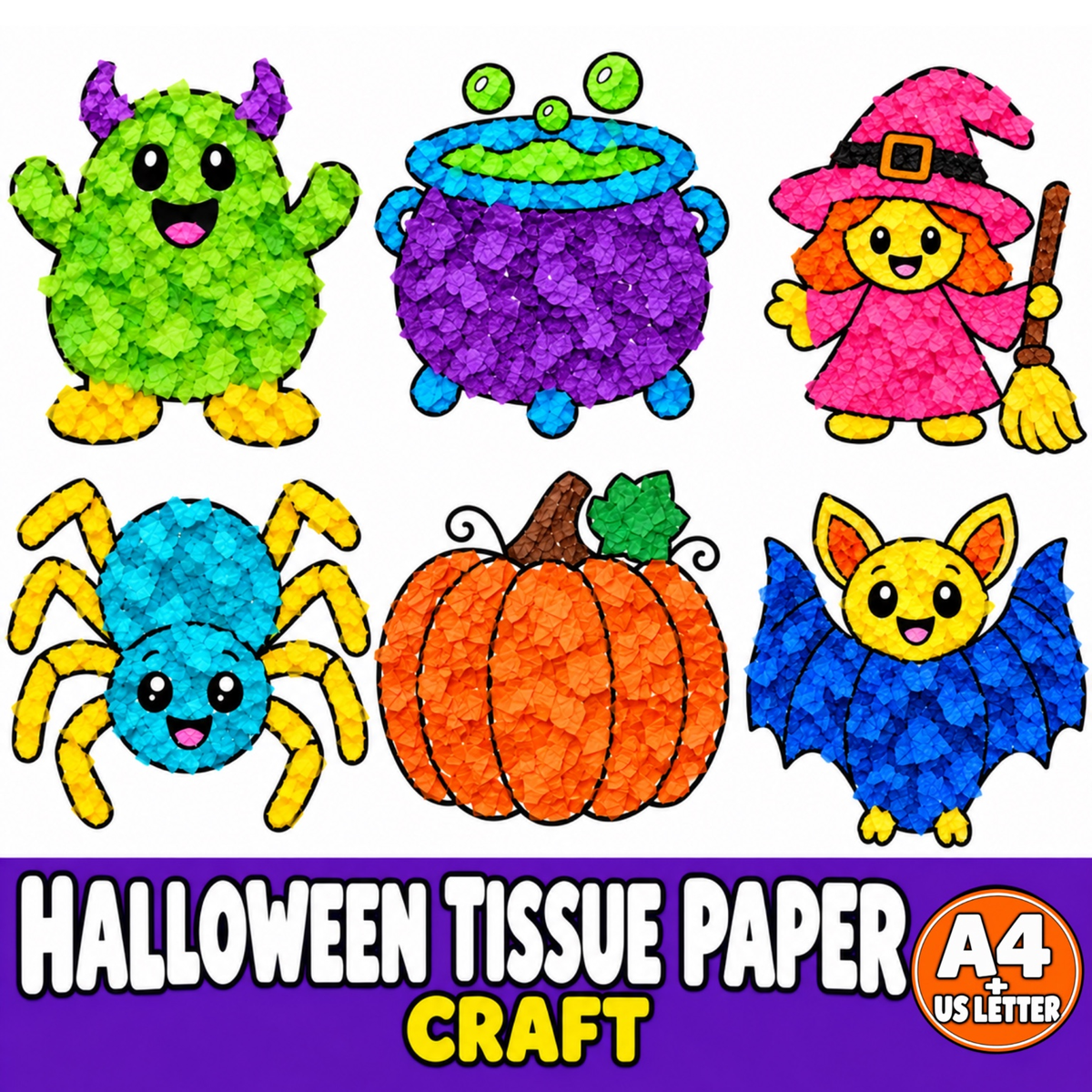 Halloween Tissue Paper Craft for Kids, 6 Printable Halloween Templates, Preschool Fine Motor Activity, Pumpkin Witch Bat Spider Monster Craft
