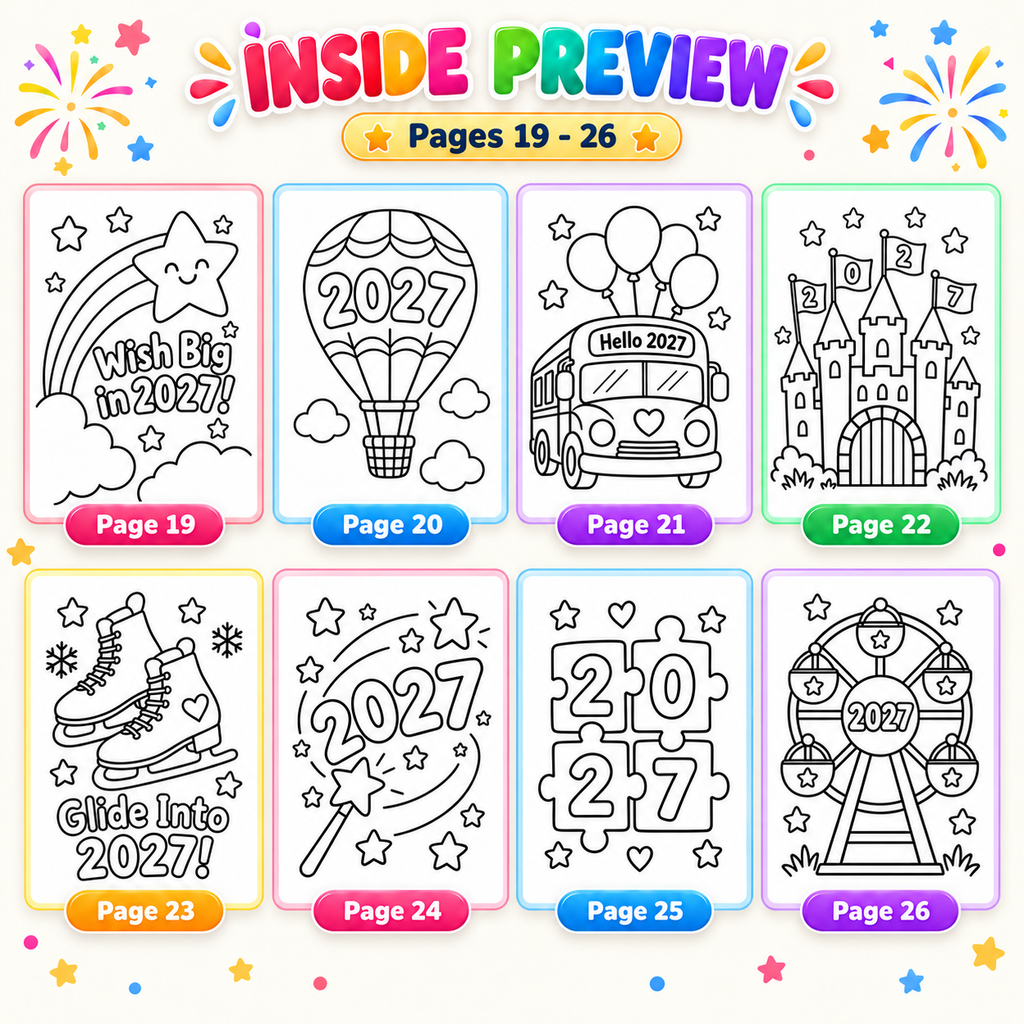 New Year 2027 Coloring Pages for Kids, 26 Printable Happy New Year Colouring Sheets, New Years Eve Party Activity, Winter Classroom Printable