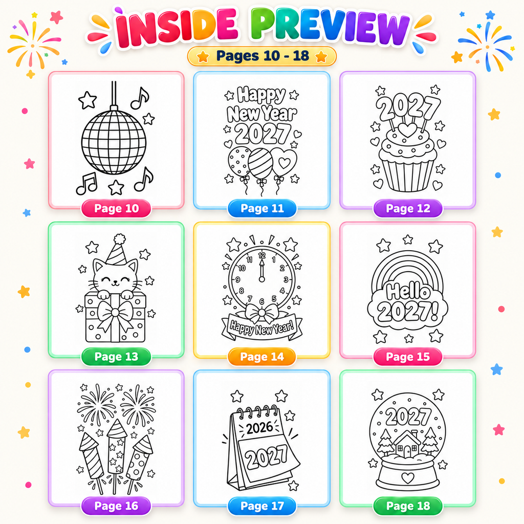 New Year 2027 Coloring Pages for Kids, 26 Printable Happy New Year Colouring Sheets, New Years Eve Party Activity, Winter Classroom Printable