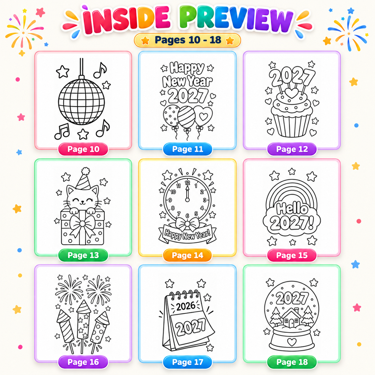 New Year 2027 Coloring Pages for Kids, 26 Printable Happy New Year Colouring Sheets, New Years Eve Party Activity, Winter Classroom Printable