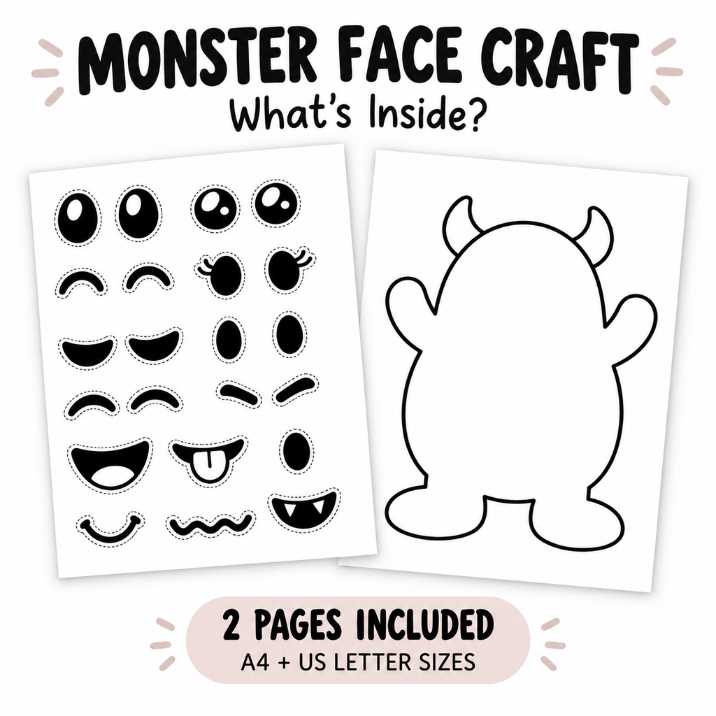 Monster Face Craft Printable for Kids, Build a Monster Cut and Paste Activity, Halloween Preschool Fine Motor Craft