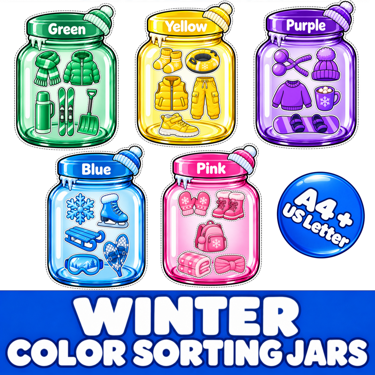 Winter Color Sorting Jars Printable, Preschool Color Matching Activity, Winter Sorting Game for Kids, Fine Motor Learning Activity