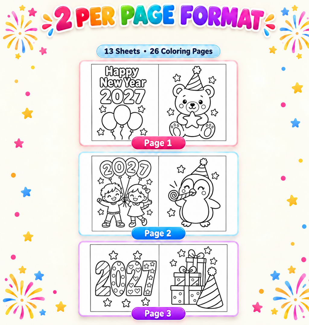 New Year 2027 Coloring Pages for Kids, 26 Printable Happy New Year Colouring Sheets, New Years Eve Party Activity, Winter Classroom Printable
