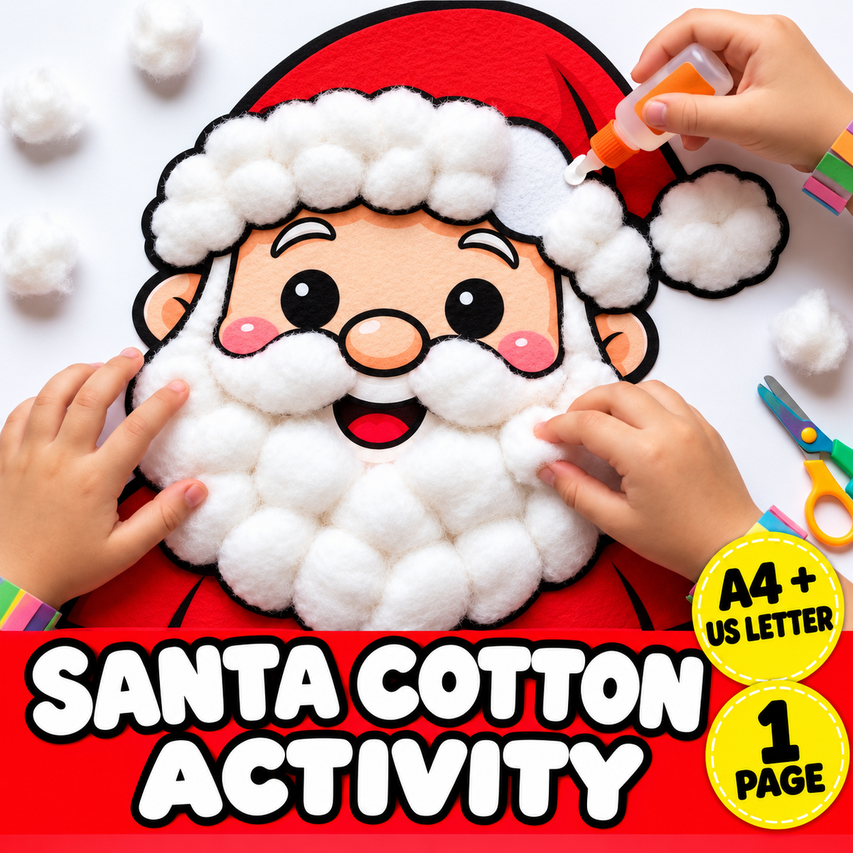 Santa Cotton Ball Beard Craft Printable for Kids, Christmas Santa Face Activity, Preschool Fine Motor Craft, Christmas Classroom Printable