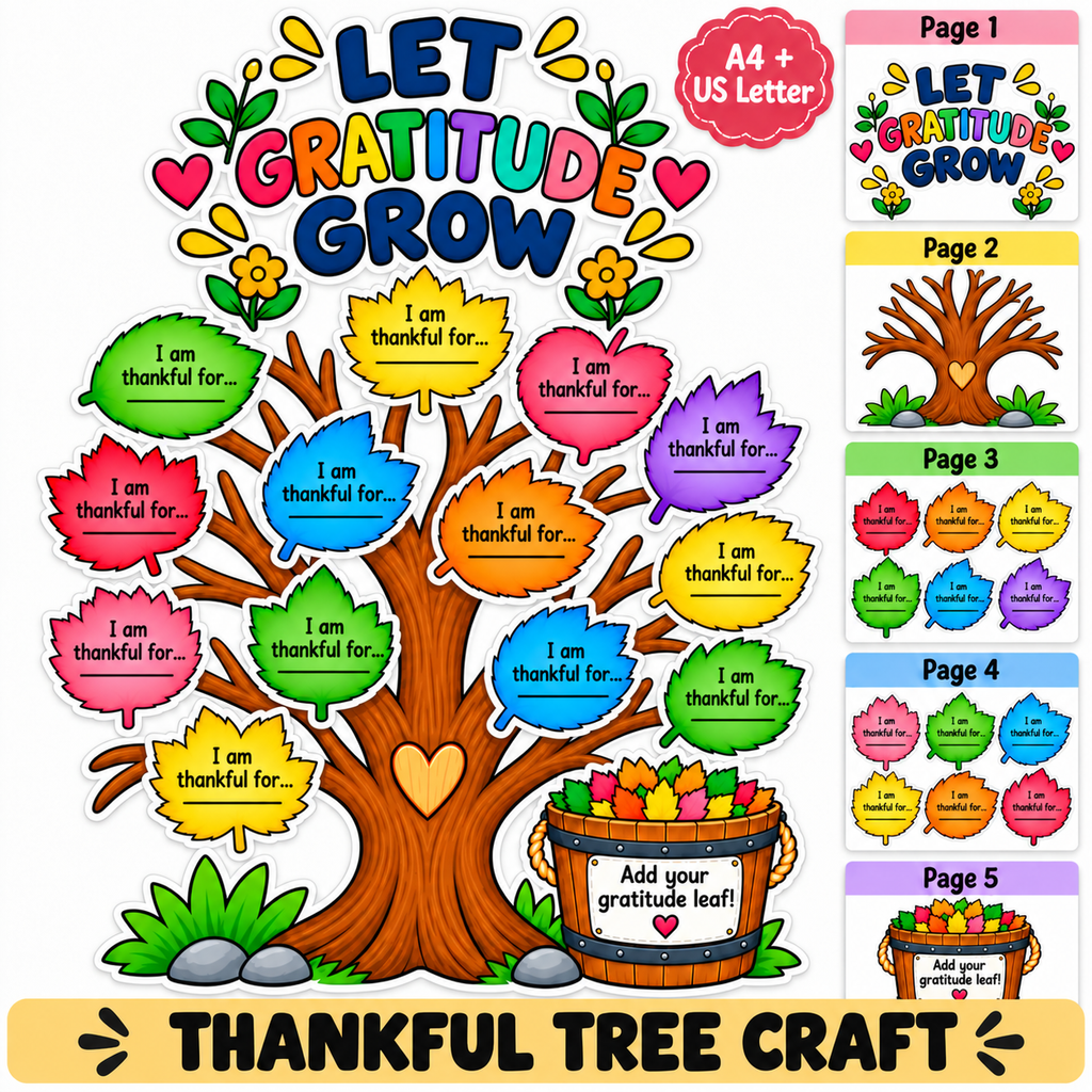 Thanksgiving Gratitude Tree Printable, Thankful Leaves Activity, Let Gratitude Grow Craft, Fall Bulletin Board, Gratitude Activity