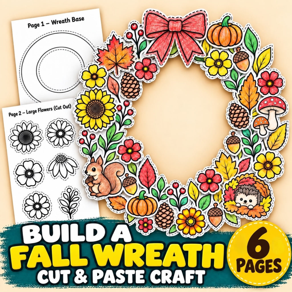 Autumn Wreath Craft Printable, Fall Leaves & Flowers Cut Out Template, Kids Coloring Activity