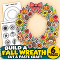 Autumn Wreath Craft Printable, Fall Leaves & Flowers Cut Out Template, Kids Coloring Activity