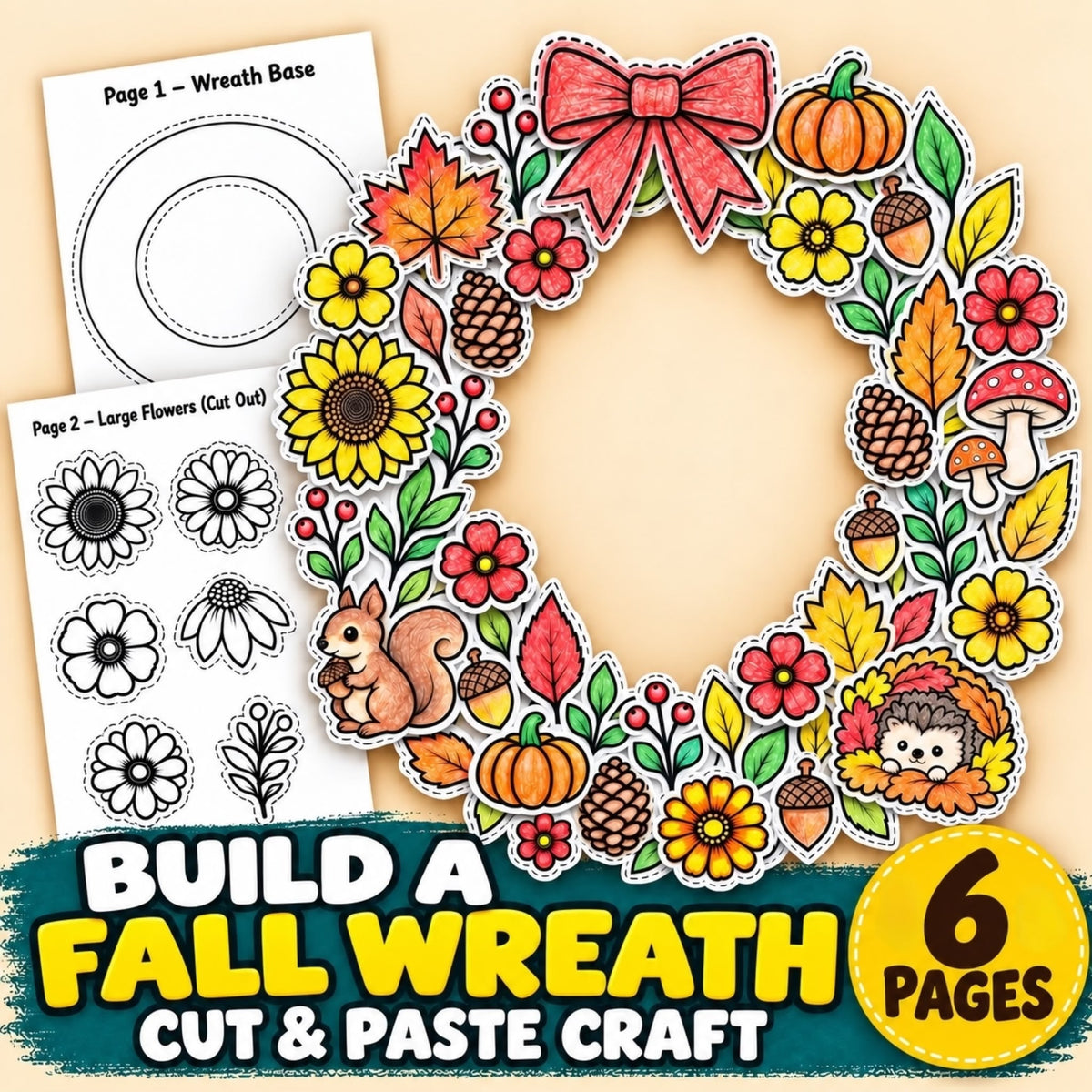 Autumn Wreath Craft Printable, Fall Leaves & Flowers Cut Out Template, Kids Coloring Activity