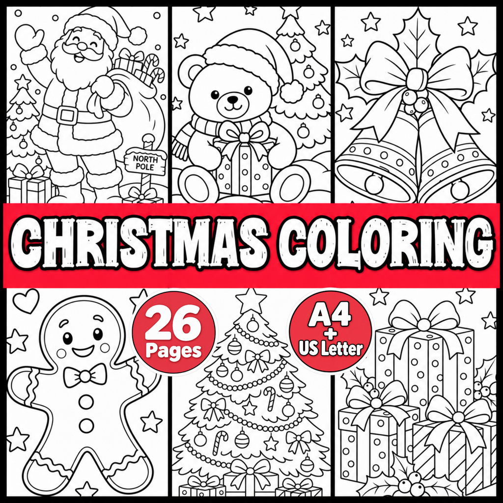 Christmas Coloring Pages for Kids | 26 Printable Christmas Coloring Sheets | A4 & US Letter PDF