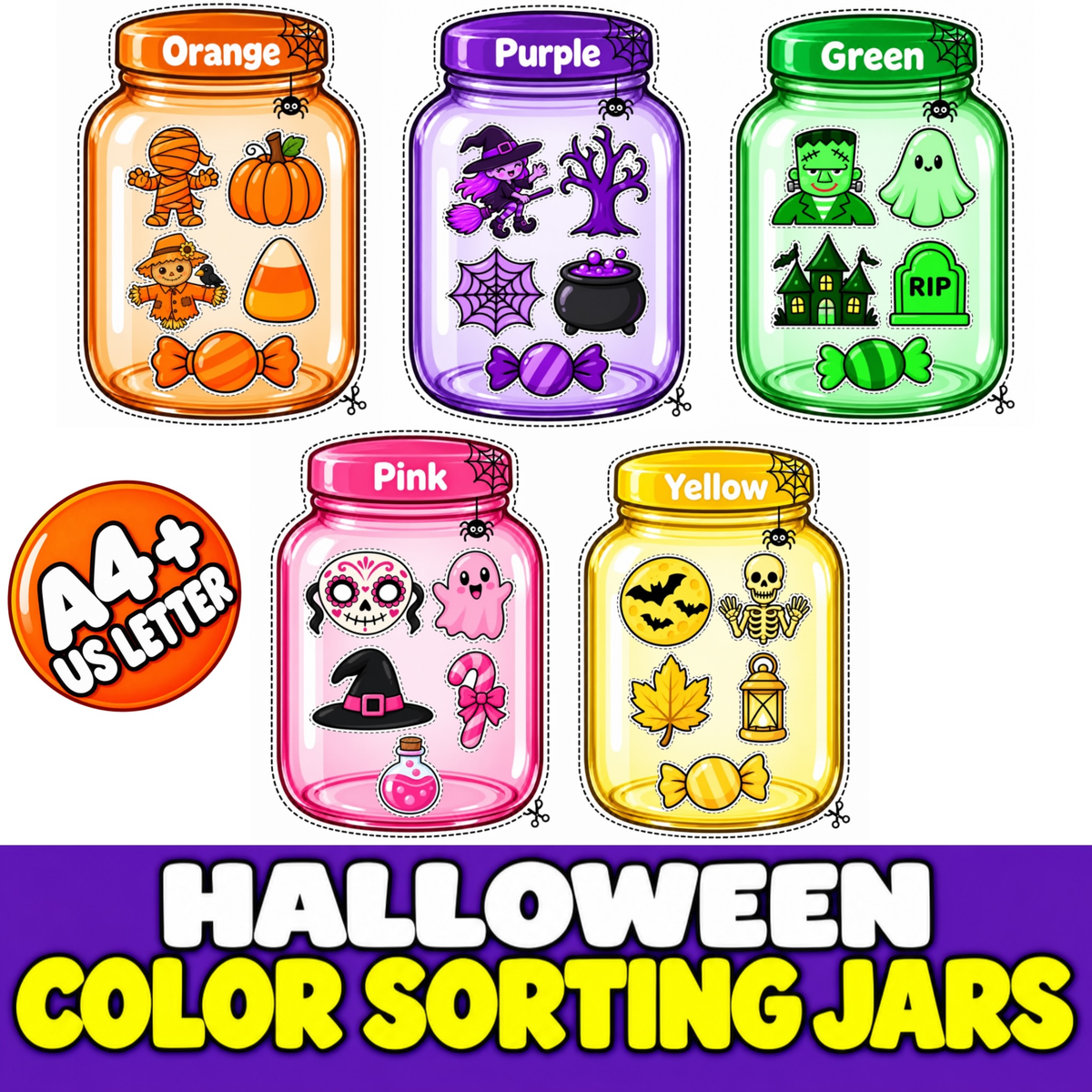 Halloween Color Sorting Printable for Kids, Preschool Color Matching Activity, Halloween Cut and Paste, Sorting Jars, Fine Motor Activity