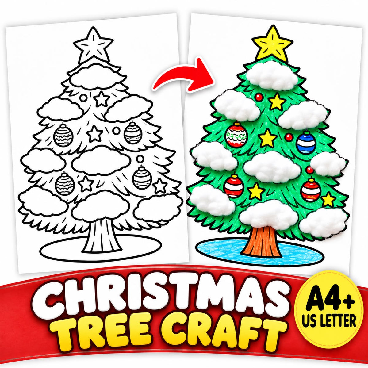 Christmas Tree Cotton Ball Craft | Christmas Coloring Page for Kids | Winter Fine Motor Activity | Preschool Printable