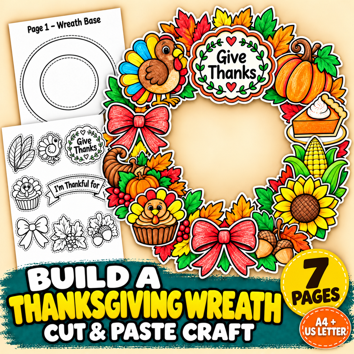 Thanksgiving Wreath Craft for Kids, Build a Thanksgiving Wreath, Fall Cut and Paste Craft, Thanksgiving Classroom Activity, Printable Wreath Craft