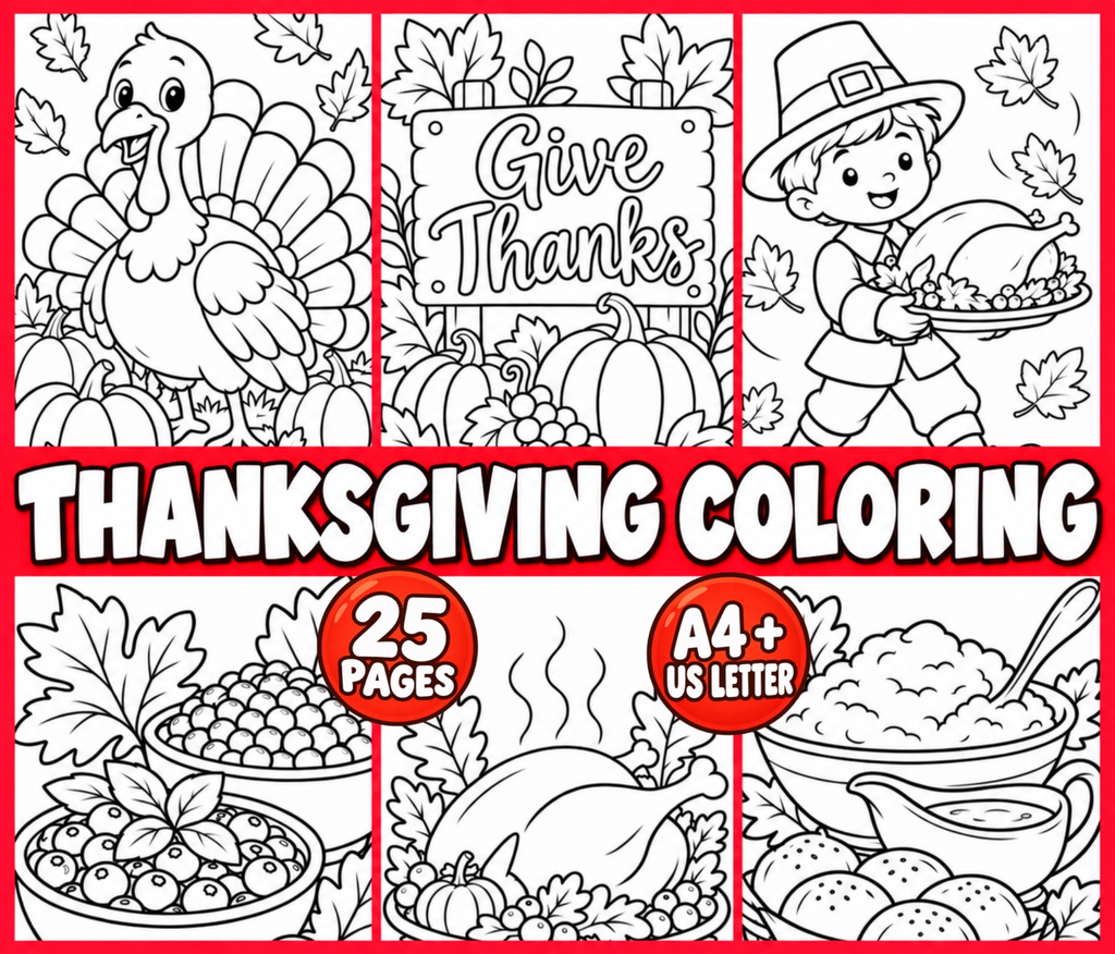 Thanksgiving Coloring Pages for Kids, 25 Printable Thanksgiving Colouring Sheets, Fall Harvest Activity, Turkey Pumpkin Coloring Book