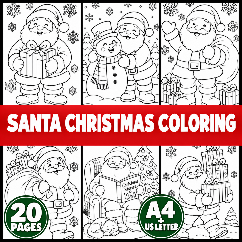 Santa Coloring Pages for Kids, 20 Printable Christmas Colouring Sheets, Santa Claus Coloring Book, Preschool Kindergarten Holiday Activity