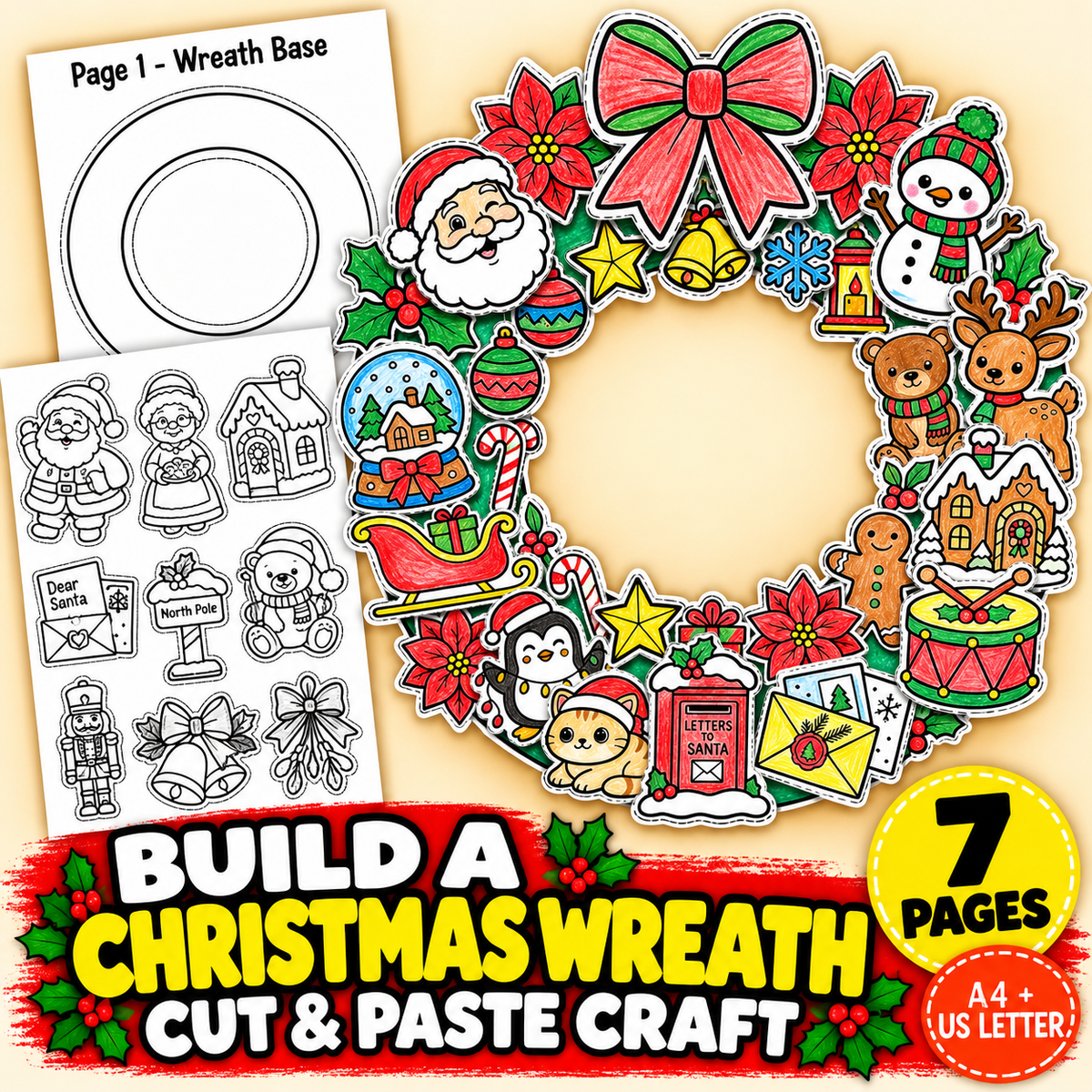 Christmas Wreath Craft for Kids, Printable Cut and Paste Activity, Christmas Coloring Cutouts, Preschool Classroom Xmas Craft     Christmas_Wreath_Craft_A4_Updat…