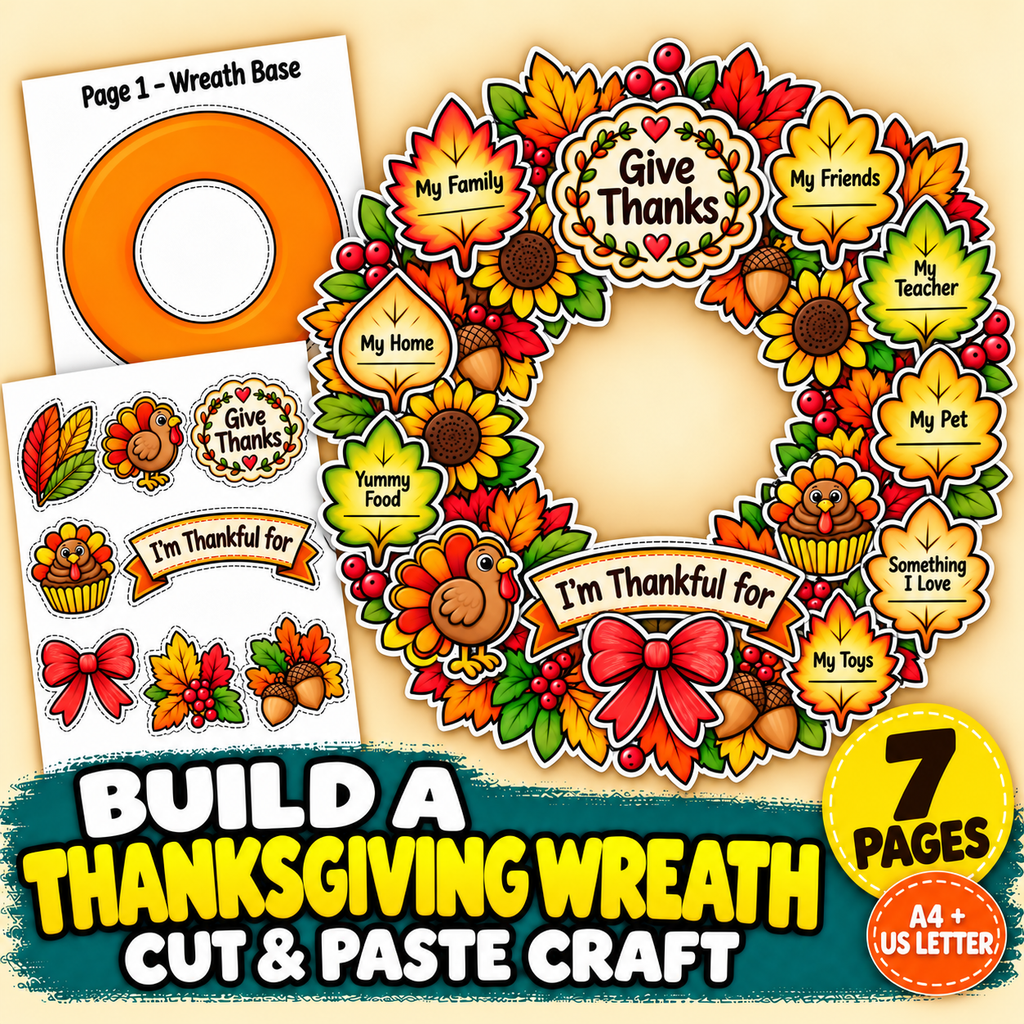 Thanksgiving Wreath Craft for Kids, Printable Cut and Paste Activity, Full Color Thanksgiving Cutouts, Fall Harvest Classroom Craft