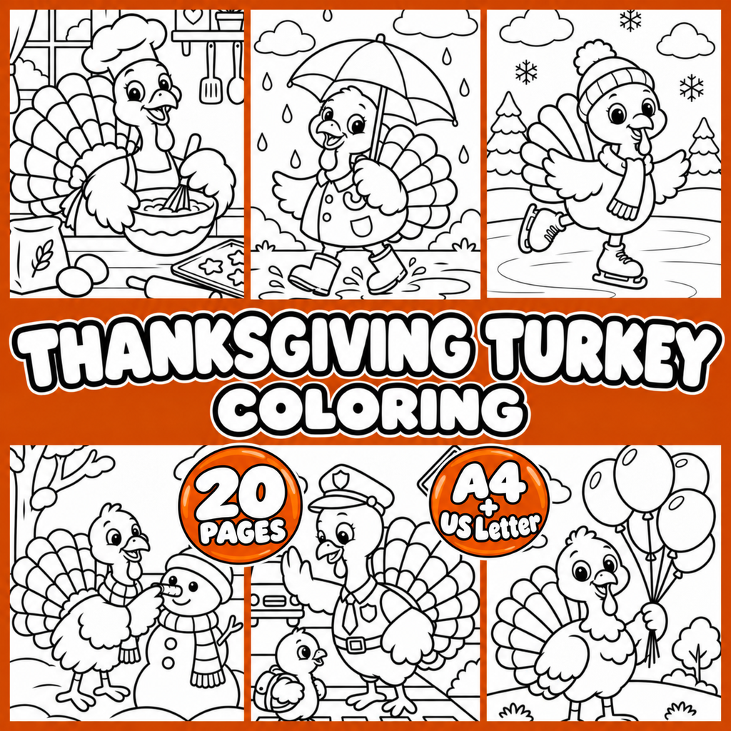 Thanksgiving Turkey Coloring Pages for Kids, 20 Cute Turkey Colouring Sheets, Fall Preschool Activity, Thanksgiving Printable