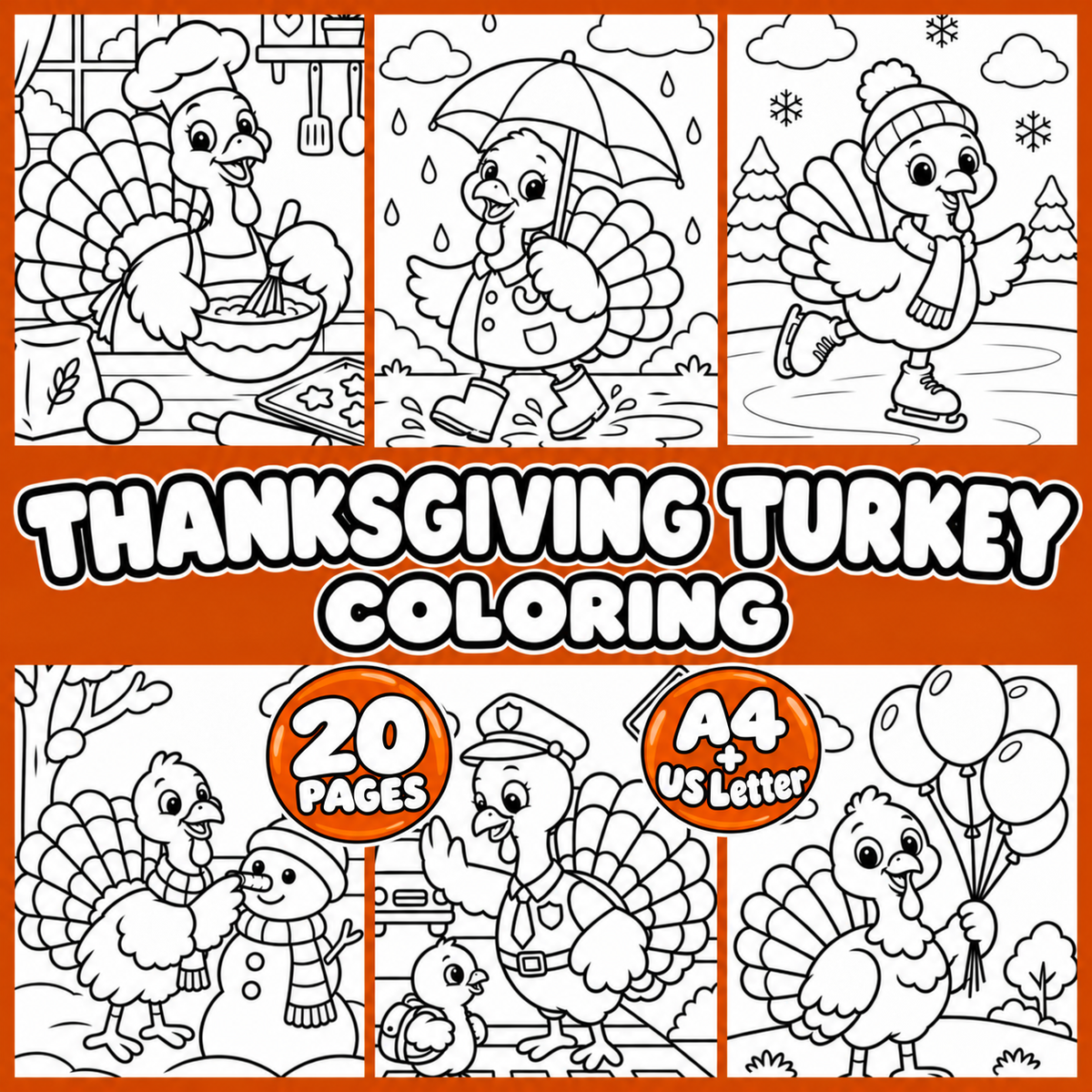 Thanksgiving Turkey Coloring Pages for Kids, 20 Cute Turkey Colouring Sheets, Fall Preschool Activity, Thanksgiving Printable