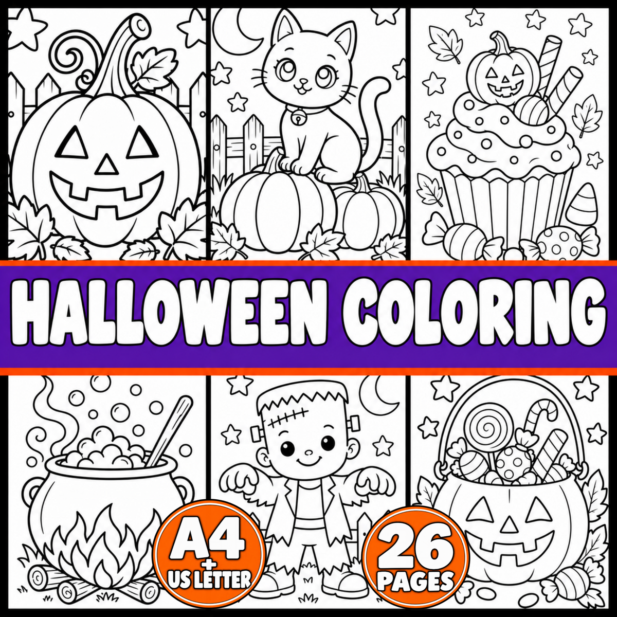 Halloween Coloring Pages for Kids, 26 Printable Halloween Coloring Sheets, Preschool Kindergarten Activity, Cute Spooky Coloring Book PDF