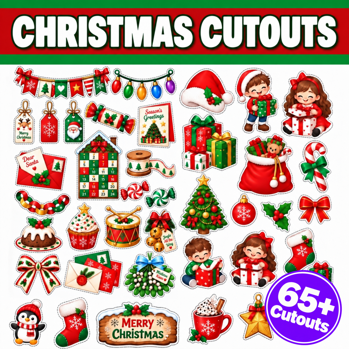Christmas Cutouts Printable, Xmas Decorations, Holiday Craft, Gift Tags, Bulletin Board, Party Decor, Winter Classroom Printable