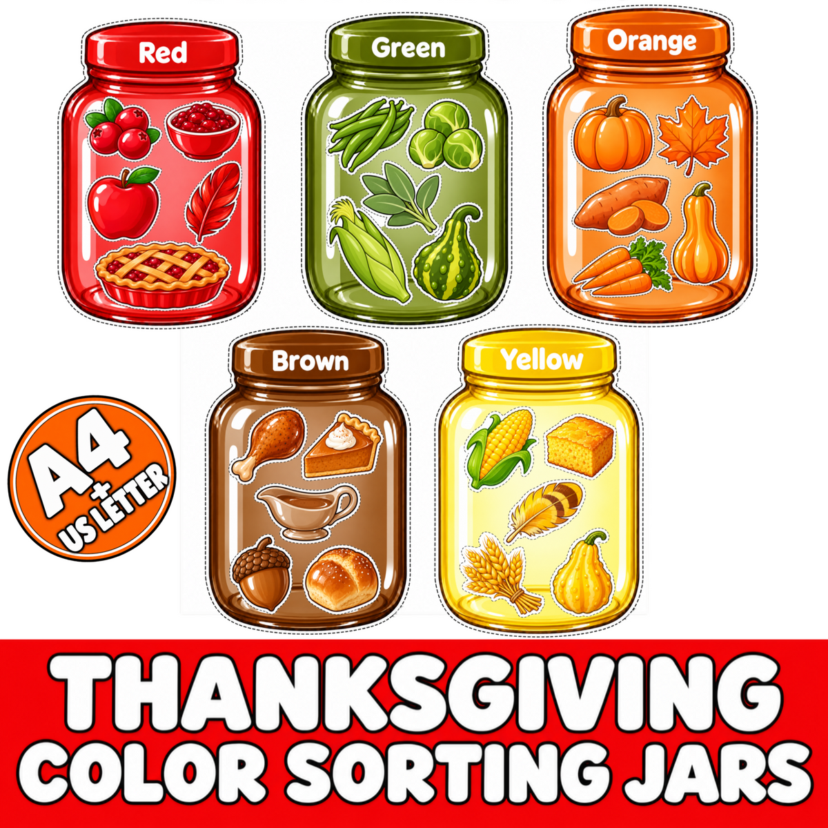 Thanksgiving Color Sorting Jars Printable for Kids | Preschool Color & Colour Matching Activity | Fall Harvest Sorting Game
