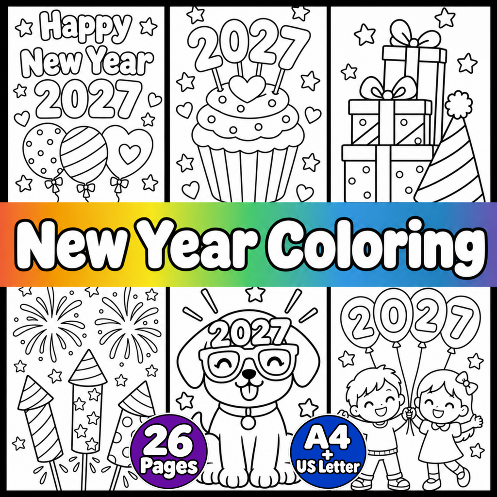 New Year 2027 Coloring Pages for Kids, 26 Printable Happy New Year Colouring Sheets, New Years Eve Party Activity, Winter Classroom Printable
