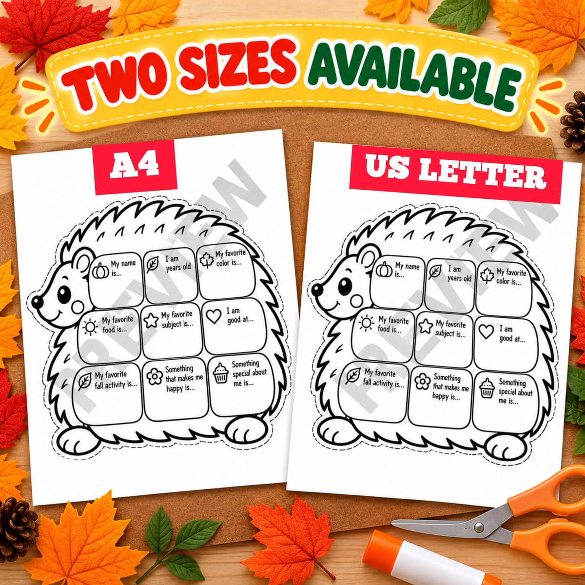 All About Me Fall Worksheet, Hedgehog Printable for Kids, Autumn Classroom Activity, Fall Bulletin Board Craft, Student Introduction
