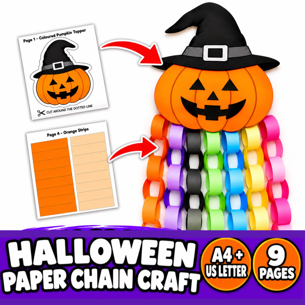 Halloween Paper Chain Craft Printable for Kids, Pumpkin Witch Paper Chain Garland, Halloween Classroom Decoration, Cut and Glue Activity