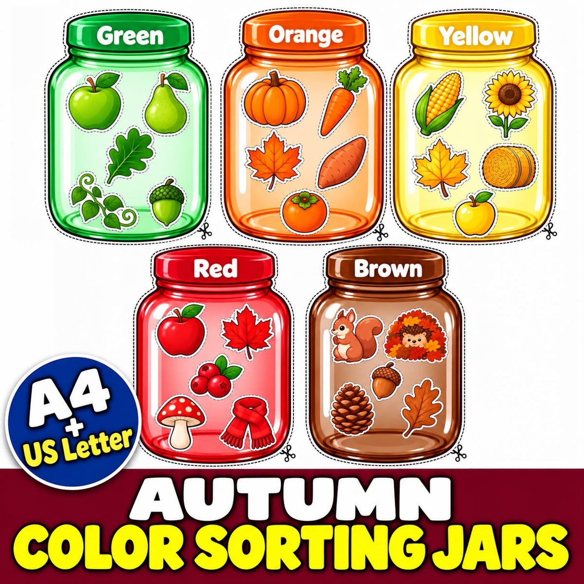 Fall Color Sorting Activity Printable | Autumn Preschool Color Matching & Cut and Sort PDF