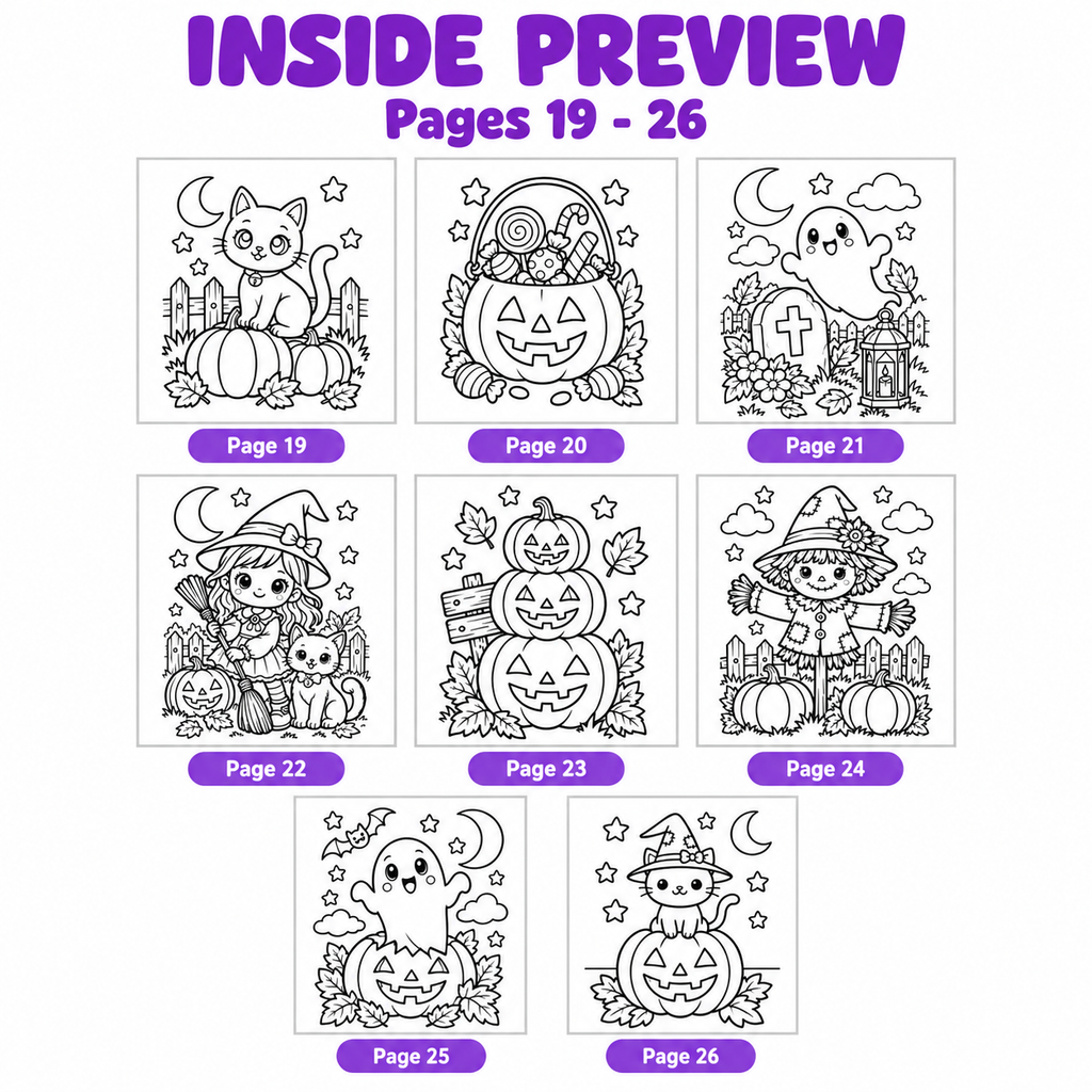 Halloween Coloring Pages for Kids, 26 Printable Halloween Coloring Sheets, Preschool Kindergarten Activity, Cute Spooky Coloring Book PDF