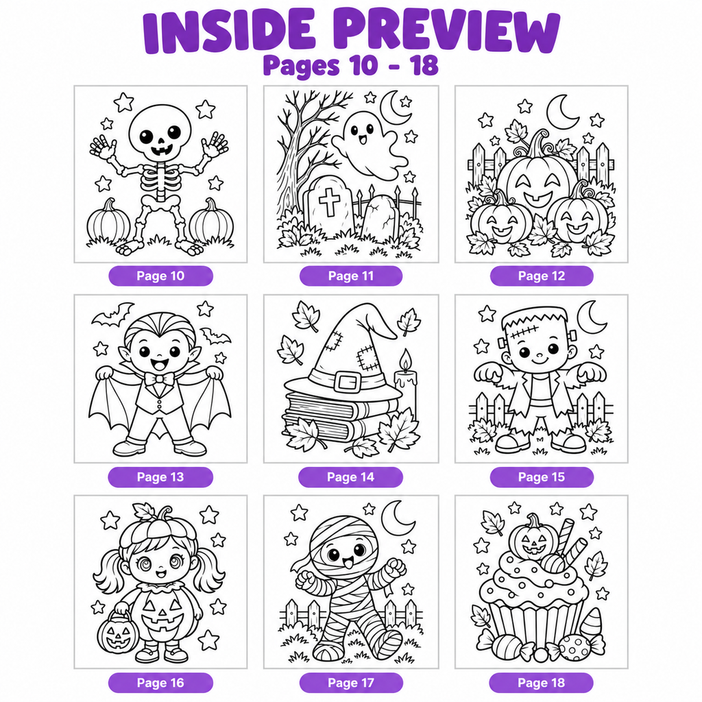 Halloween Coloring Pages for Kids, 26 Printable Halloween Coloring Sheets, Preschool Kindergarten Activity, Cute Spooky Coloring Book PDF