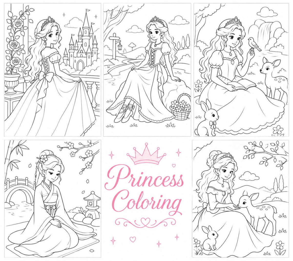 Princess Coloring Book | 16 Fantasy Pages for Kids (Digital Download)