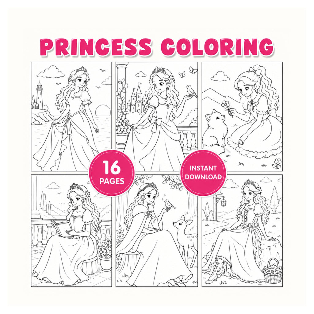 Princess Coloring Book | 16 Fantasy Pages for Kids (Digital Download)
