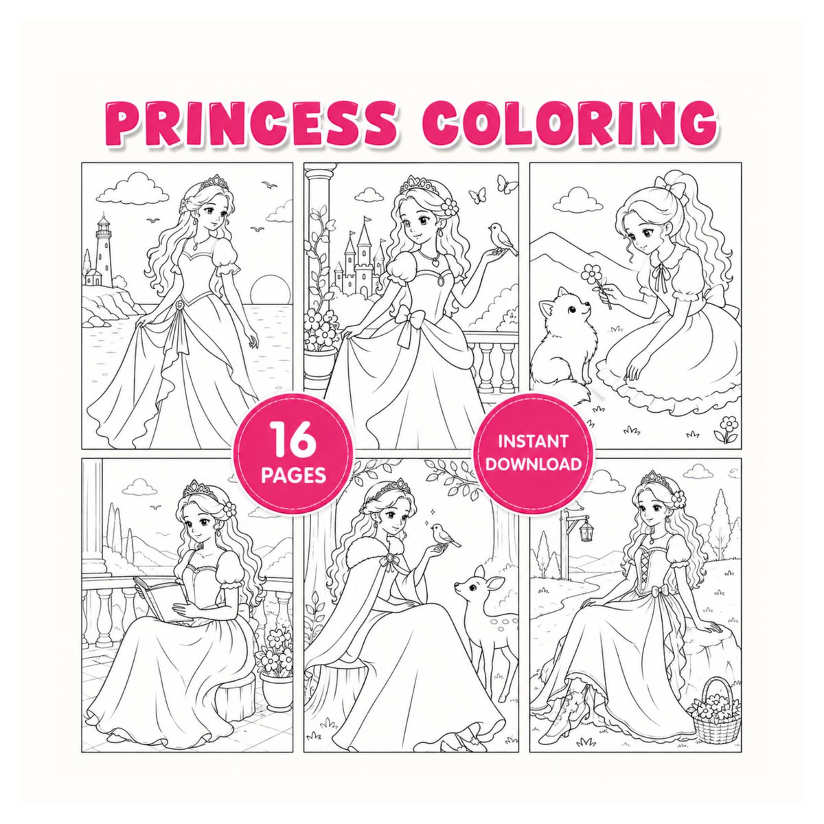 Princess Coloring Book | 16 Fantasy Pages for Kids (Digital Download)