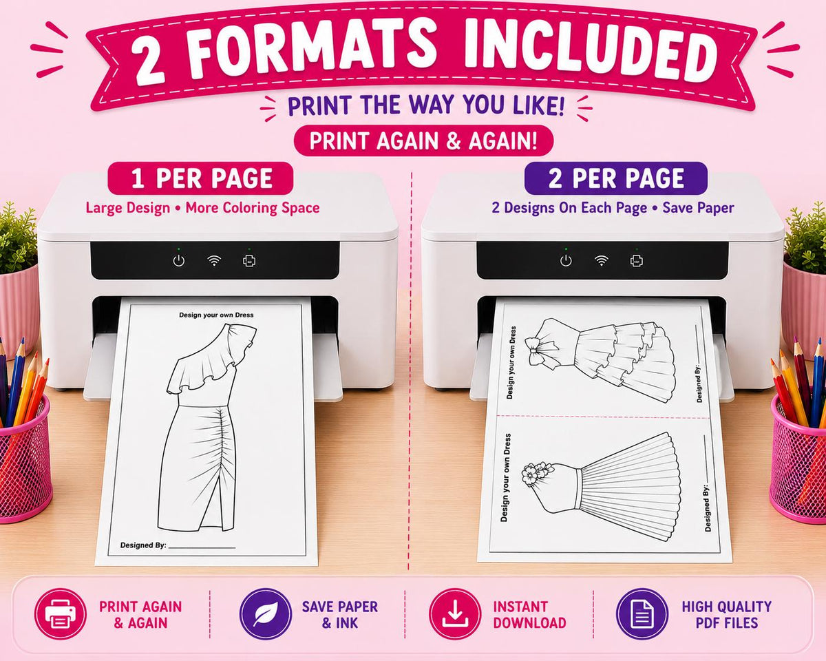 Design Your Own Dresses Activity Book | 20 Fashion Coloring Pages (Digital Download)