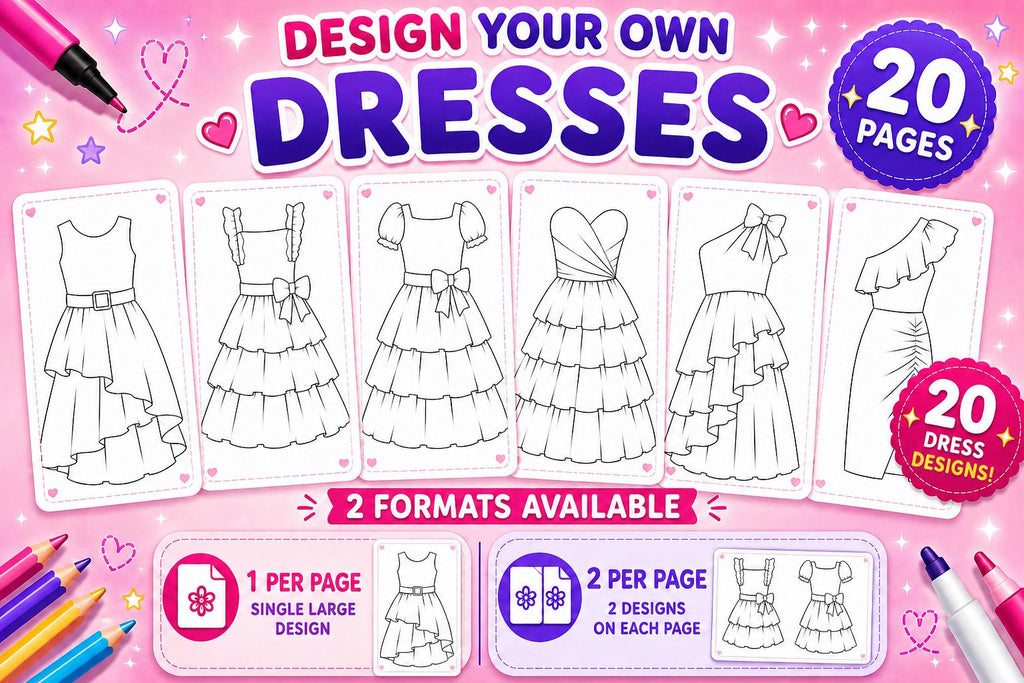 Design Your Own Dresses Activity Book | 20 Fashion Coloring Pages (Digital Download)