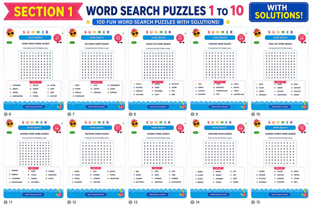 100-Page Summer Activity Book for Kids Ages 5-12 | Puzzle Workbook  Word Search Mazes Math Logic STEM Coding | Printable Instant Download